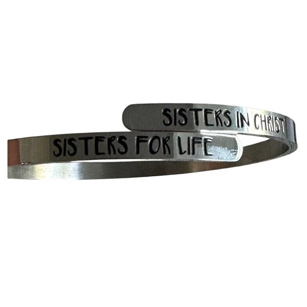 VTG Silver Tone Friendship‎ Cuff Bracelet Sisters in Christ Sisters for Life